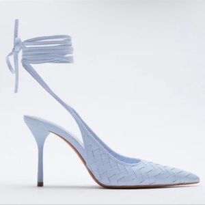 Zara Intrecciato Woven Vegan Leather Lace Up Heels size 7 sky blue new with tag